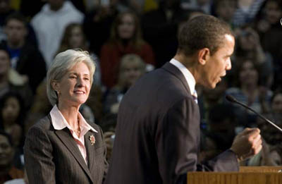 Kathleen Sebelius with Barack Obama at Butler Community College, El Dorado, Kan.